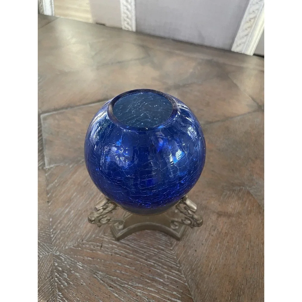 Vintage Cobalt Blue Crackle Glass Rose Bowl on Brass Tripod‎ Base Stand 7